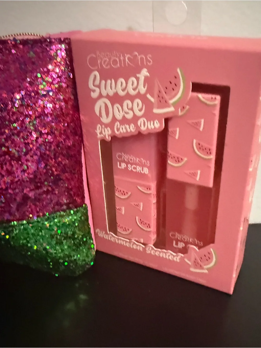 Aminnah beauty bundle set: Pink and Green Glitter Ipsy bag and lip duo! New